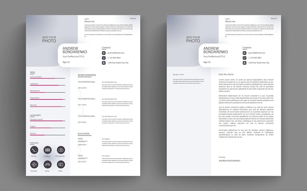 Professional clean modern resume cv and cover letter business layout vector template