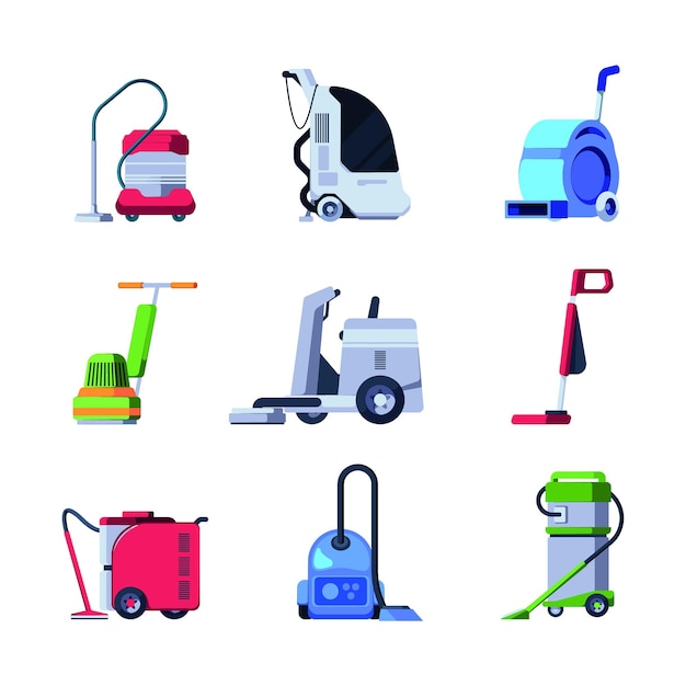 Professional cleaners Industrial cleaning service equipment detergents for floor staff mops garish vector colored illustrations