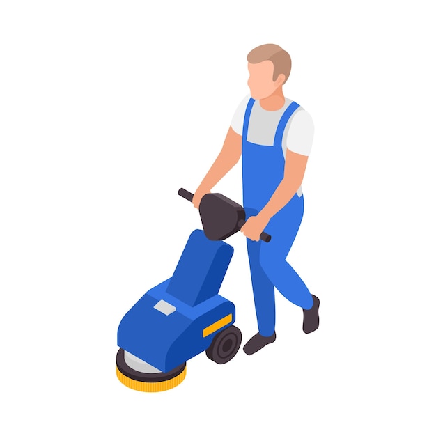 Professional cleaning service isometric composition with character of man operating cleaning machine on blank background vector illustration