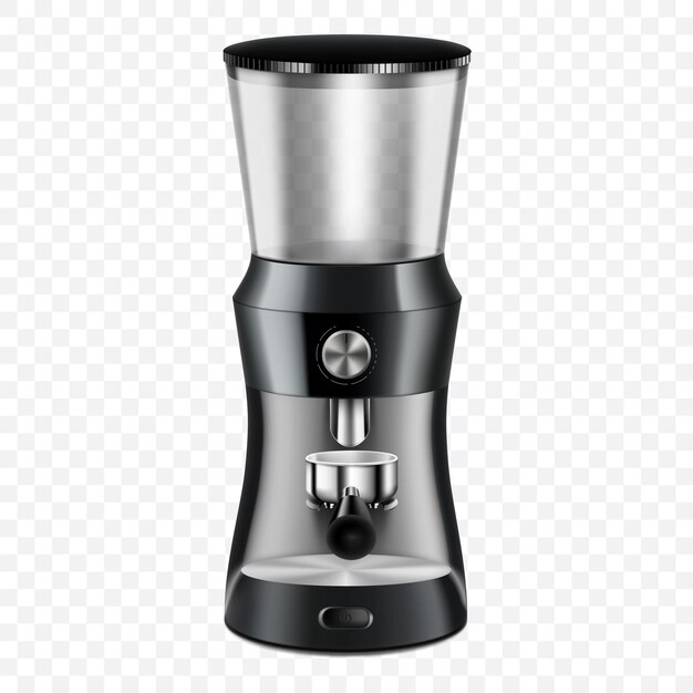 Vector professional coffee grinder, realistic 3d vector illustration, isolated on transparent background. automatic coffee bean grinding machine. equipment for the barista or coffee maker.