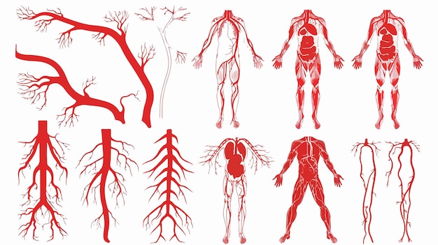 Vector professional collection of human veins red silhouette vessels