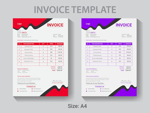 Professional Company Invoice design template, easy editable payment receipt layout.