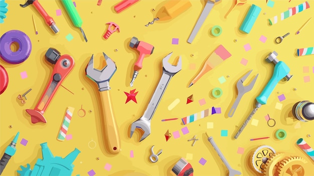 Vector professional composition of mechanics tools and party decor elements