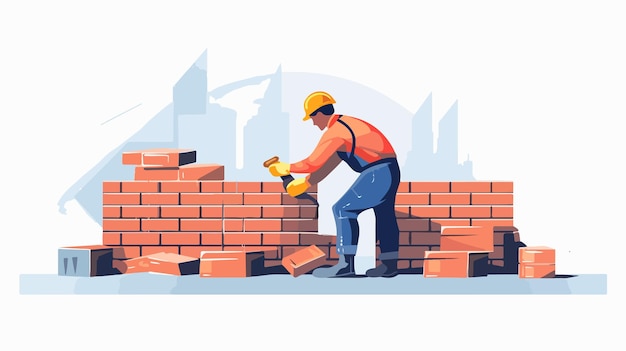 Vector professional construction worker building wall with bricks