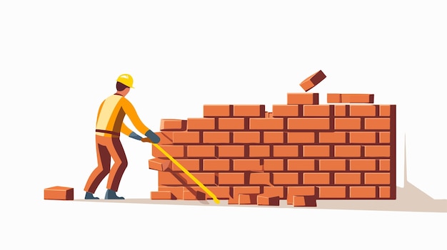 Vector professional construction worker building wall with bricks