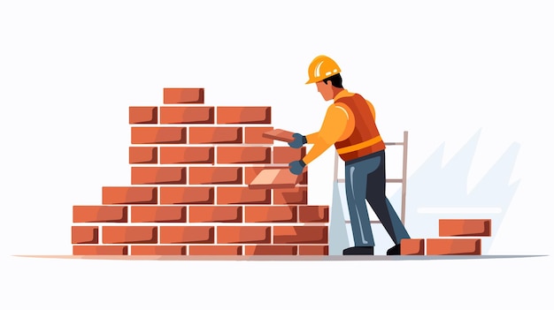 Vector professional construction worker building wall with bricks