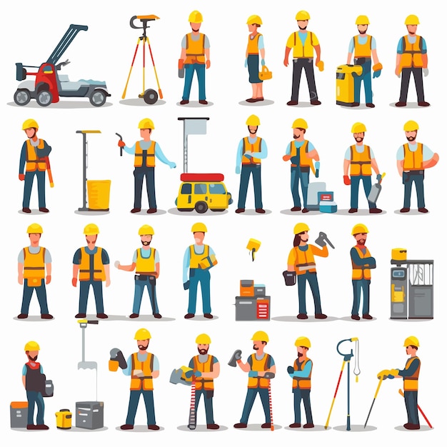 Vector professional construction worker set with people and tools illustration