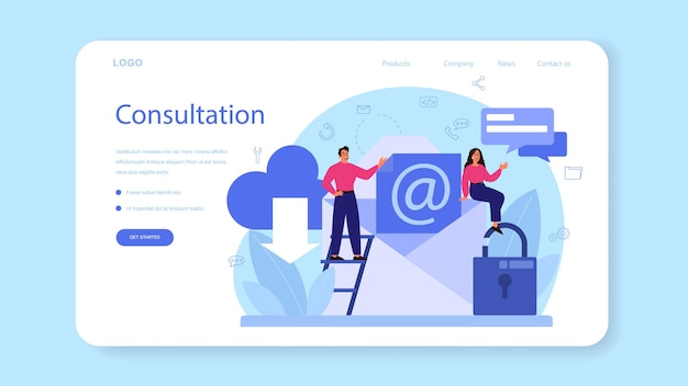 Professional consulting web banner or landing page. Research and recommendation. Idea of strategy management and troubleshooting. Help clients with business problems.