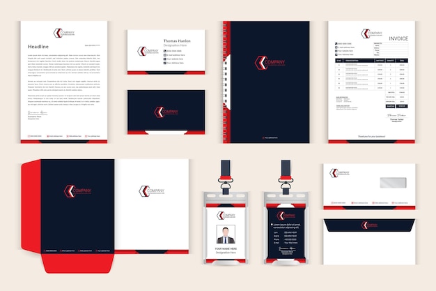 Professional corporate stationery set with business card letterhead and invoice template