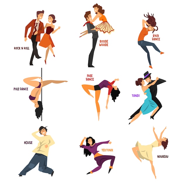 Professional dancer people dancing, young man and woman performing modern and classical dances  Illustrations 