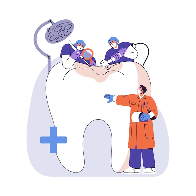 Vector professional dentists treating molar tooth from caries stomatologists care about oral health dental hygiene dentistry profession stomatology flat isolated vector illustration on white background