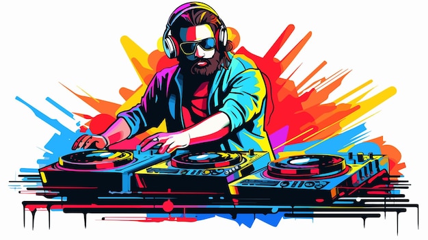 Professional DJ Playing Music from Discs on Jockey Machine Illustration