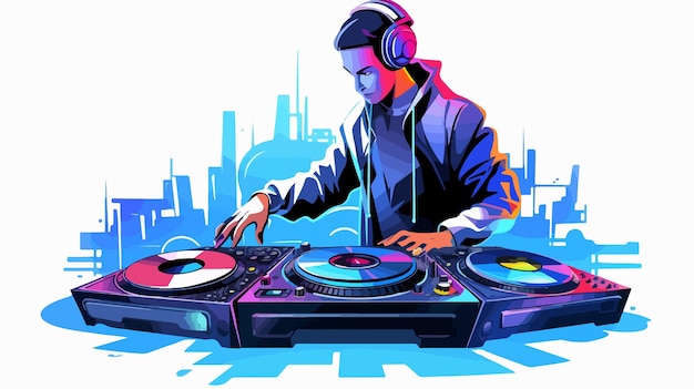 Professional DJ Playing Music from Discs on Jockey Machine Illustration