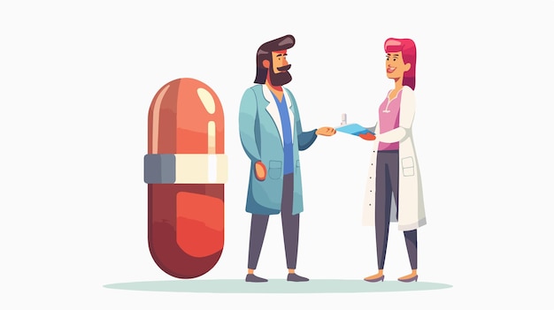 Vector professional doctor prescribing a large pill to a patient in a cartoon style illustration