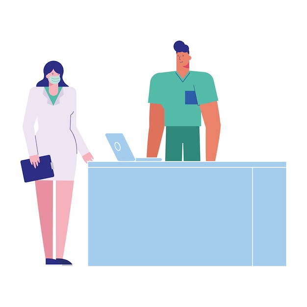 professional doctors couple wearing medical masks with laptop illustration