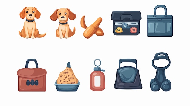 Vector professional dog accessories food toys and first aid box vector icons