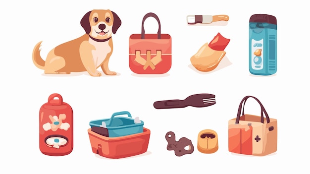 Vector professional dog accessories food toys and first aid box vector icons