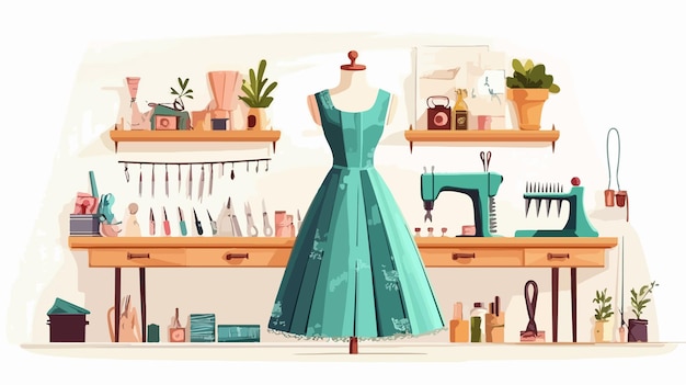 Vector professional dressmaker online concept with dummy wearing green dress