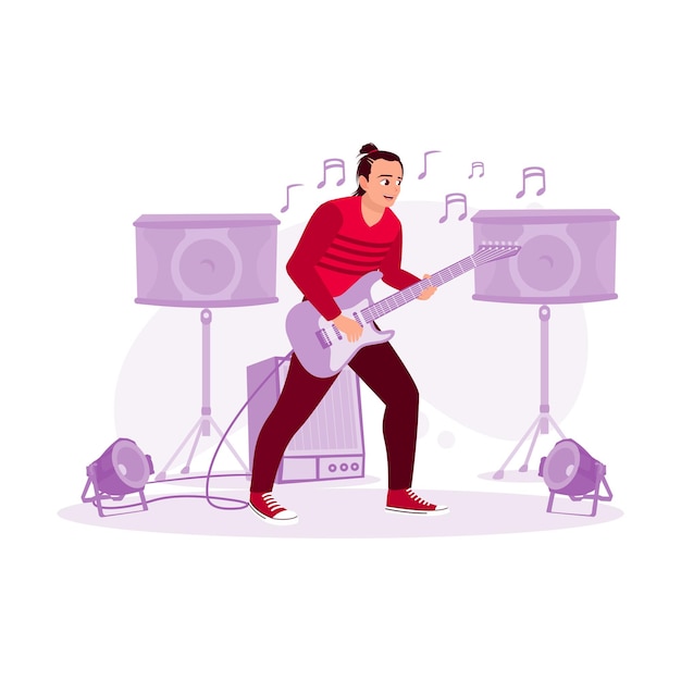 Vector professional electric guitar players look stunning on stage trend modern vector flat illustration