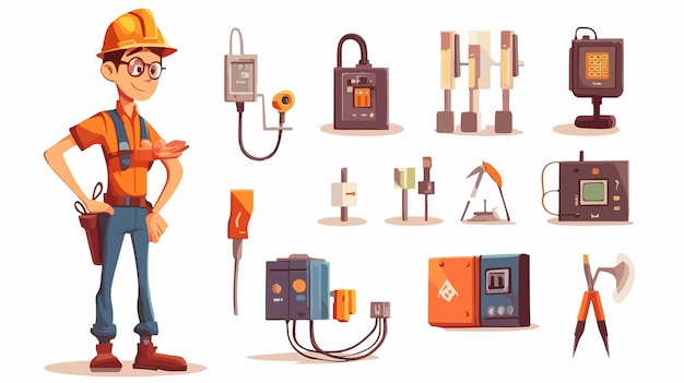 Vector professional electrician with cartoon electric equipment for electrical work