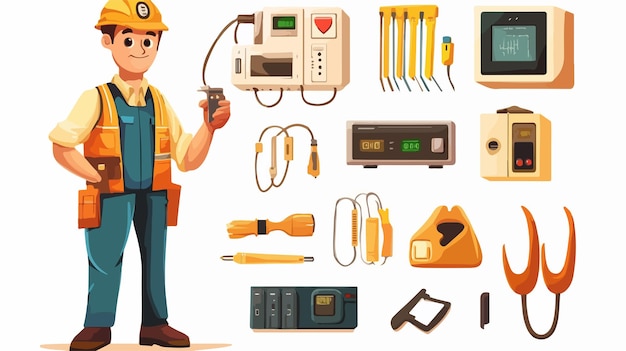 Vector professional electrician with cartoon electric equipment for electrical work