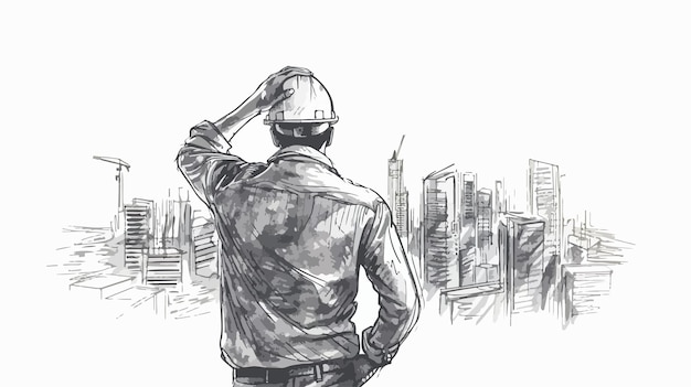 Vector professional engineer observing cityscape mixed media handdrawn illustration