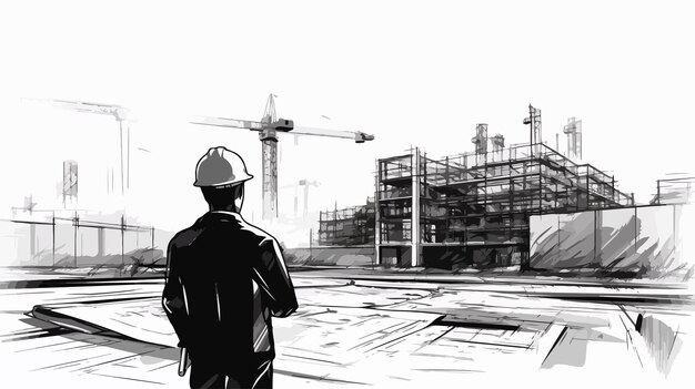 Vector professional engineer with blueprint under construction site