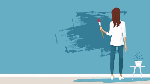 Vector professional female artist holding a paint brush against blue wall