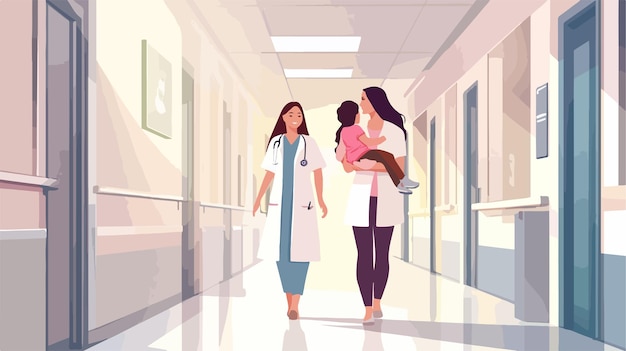 Professional Female Doctor Walking Behind Woman Carrying Daughter