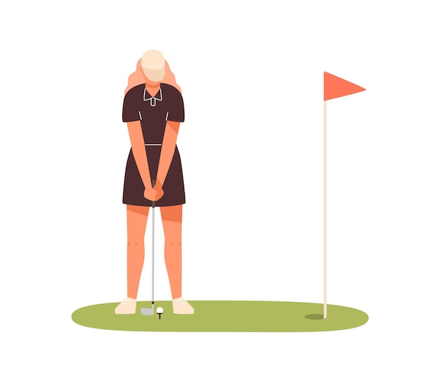 Professional female golf player aiming to hit on ball vector flat illustration. Sportswoman in cap holding niblick practicing outdoor activity isolated on white. Woman in sportswear enjoying sport.