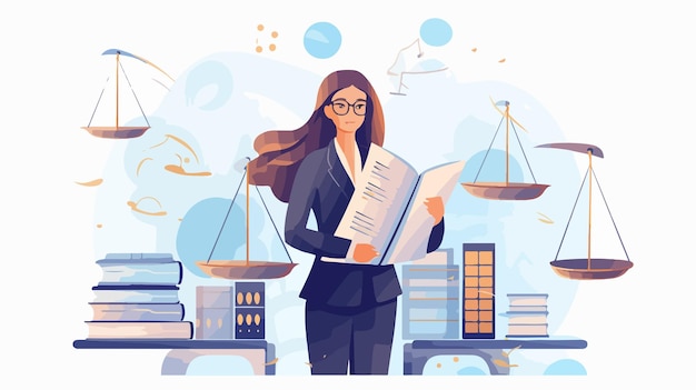 Professional Female Lawyer Conducting Legal Research with Gavels and Documents