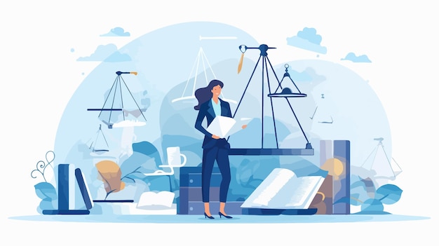 Vector professional female lawyer conducting legal research with gavels and documents