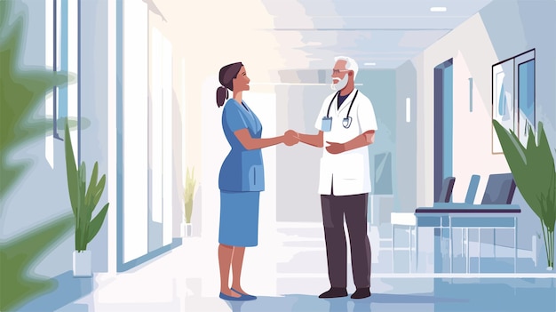 Professional Female Nurse Handshaking with Elderly Male Patient in Hospital Setting