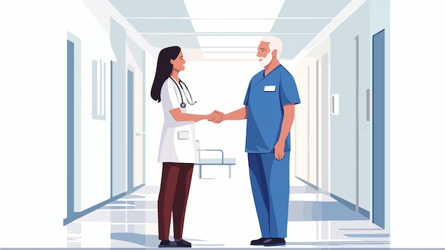 Professional Female Nurse Handshaking with Elderly Male Patient in Hospital Setting