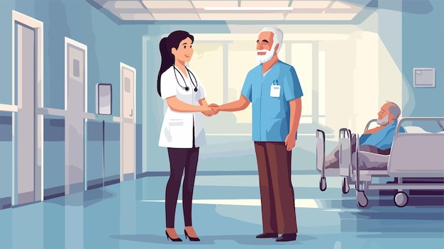 Professional Female Nurse Handshaking with Elderly Male Patient in Hospital Setting