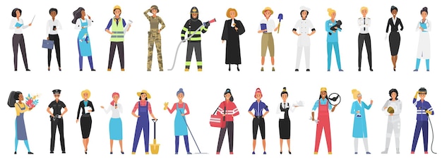 Vector professional female workers set happy cute girls of different professions collection