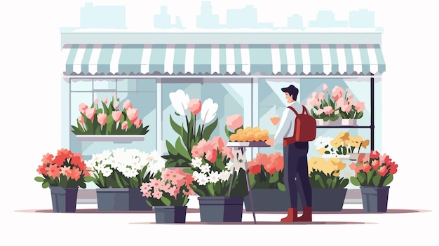 Vector professional florist seller with bouquet outside flower shop