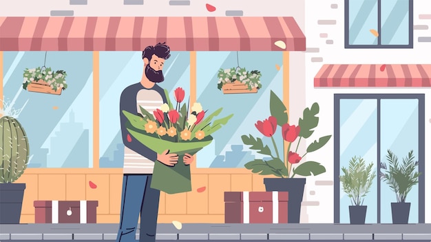 Vector professional florist at work in flower shop male business owner of floral establishment