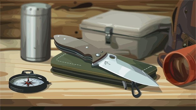 Vector professional folding pocket knife thermos and compass on table