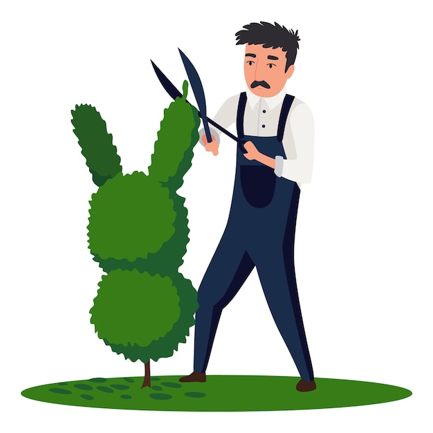 Professional gardener pruning tree with pruners or garden shears Man working with shrubs in backyard Colored flat vector illustration of worker in uniform isolated on white background