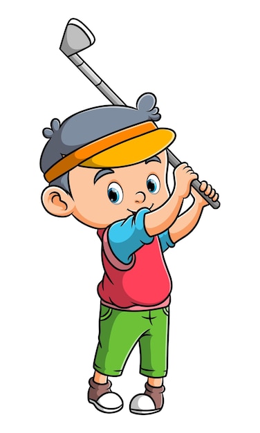 The professional golf boy is swinging the stick golf of illustration