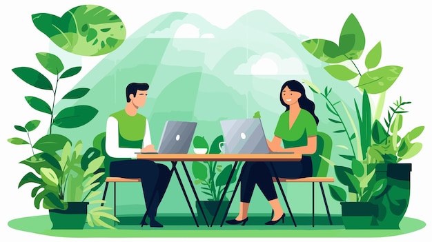 Vector professional green office concept with man and women sitting together