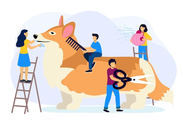 Professional groomer services vector illustration in flat cartoon style