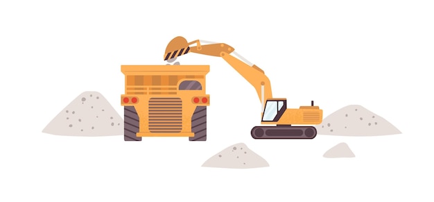 Professional heavy equipment and machinery for mine industry. Yellow excavator with scoop loading marble into dump truck. Flat vector illustration of industrial transport isolated on white background.