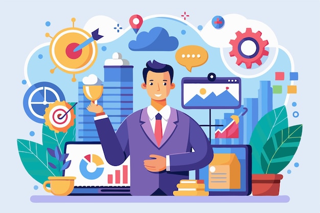 A professional holds a trophy while surrounded by symbols of success and technology in a city environment Customizable flat illustration for strategic consulting