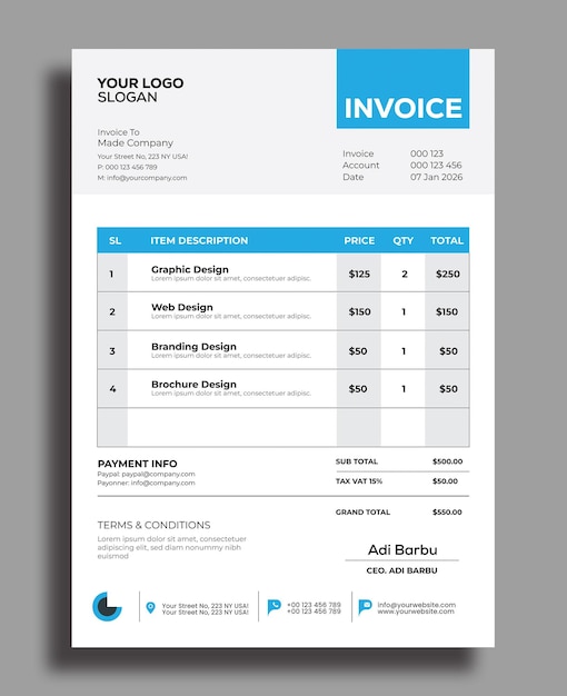 Vector professional invoice template design psd