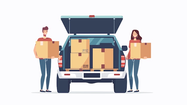 Professional Items in Trunk of Truck with Man and Woman Box in Storage Cargo Transportation Concept