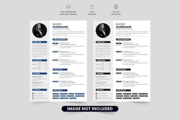 Professional job experience and skills resume template for company intern applications Minimal CV and resume layout vector with blue and dark colors Creative resume template with photo placeholders