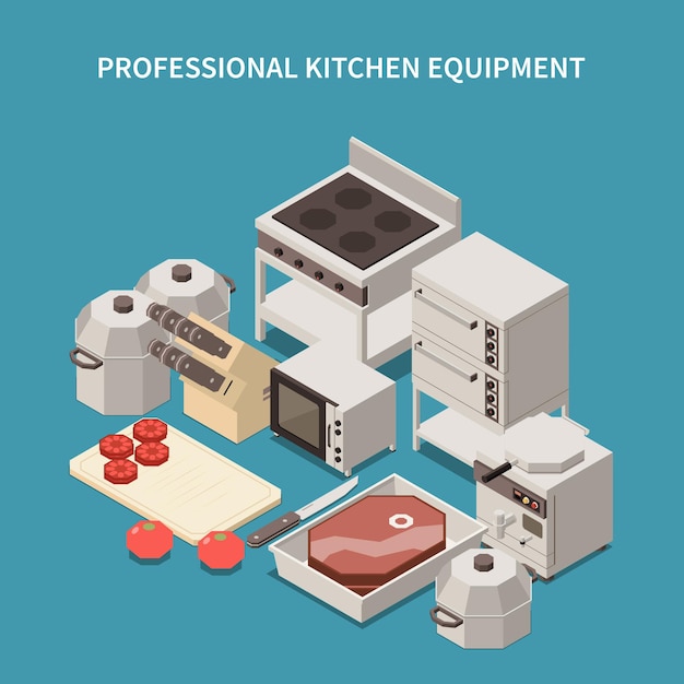 Professional kitchen appliances isometric illustration with commercial range microwave oven  toaster breakfast equipment chef knives