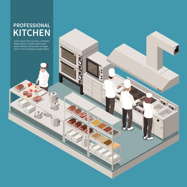 Professional kitchen equipment appliances isometric composition with cooks preparing food using deep fryer cutting ingredients